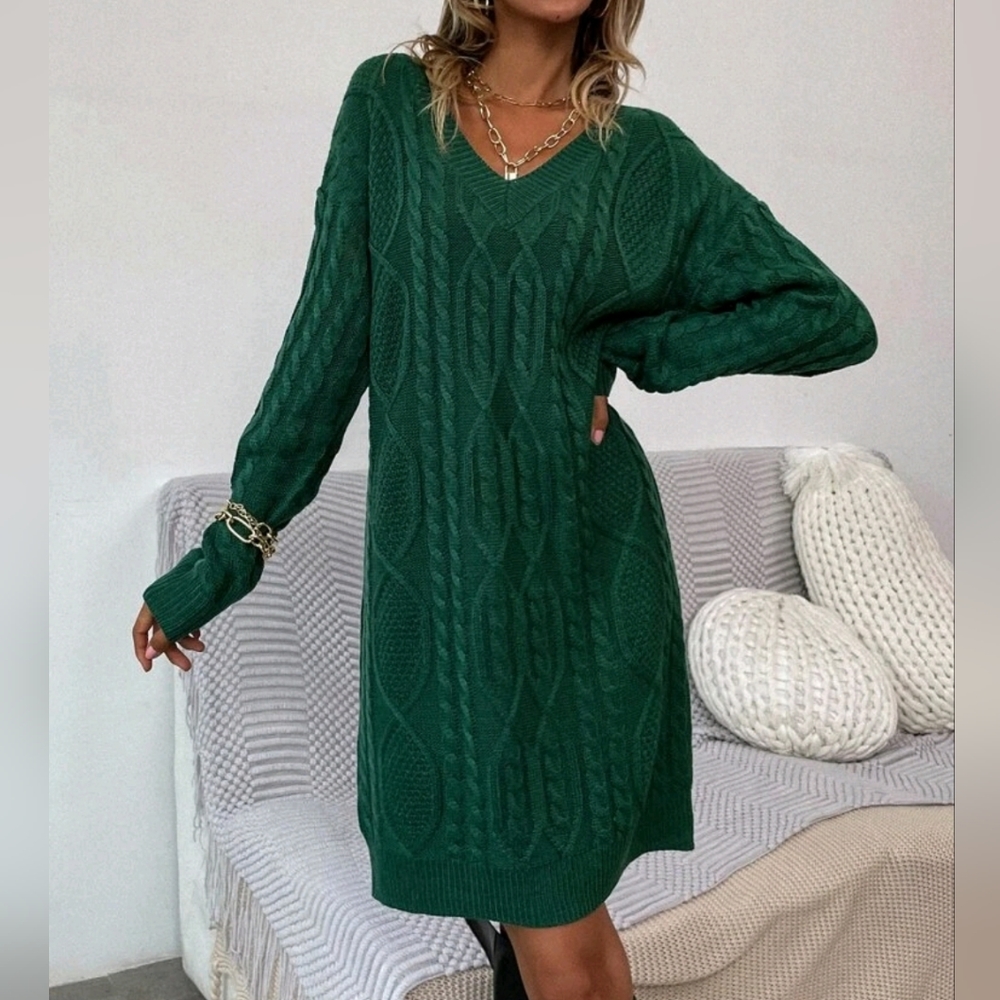 NEW Cable Knit Long Sleeve Sweater Dress Deep Green - Picture 1 of 9